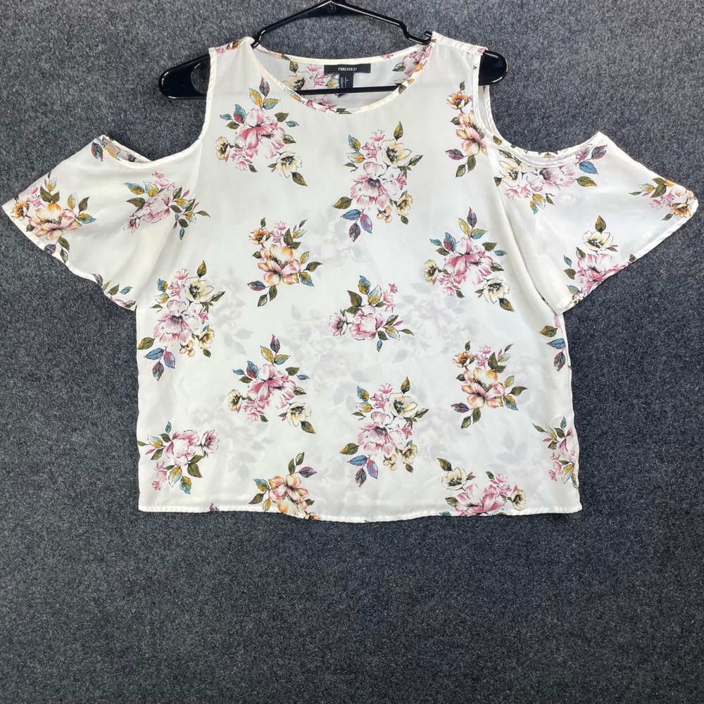Forever 21 Floral Cold Shoulder Top Ivory Pink Blue Short Sleeve Blouse L